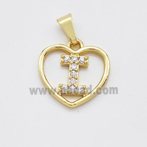 Copper Heart Pendant Pave Zirconia Letter-I Gold Plated