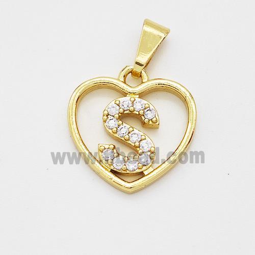 Copper Heart Pendant Pave Zirconia Letter-S Gold Plated