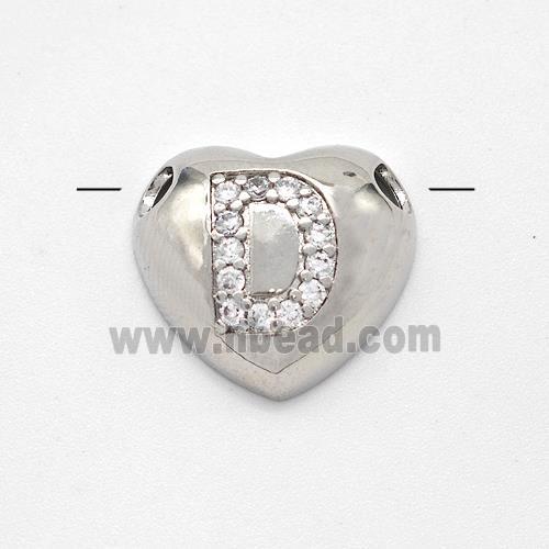 Copper Heart Pendant Pave Zirconia Letter-D Large Hole Platinum Plated