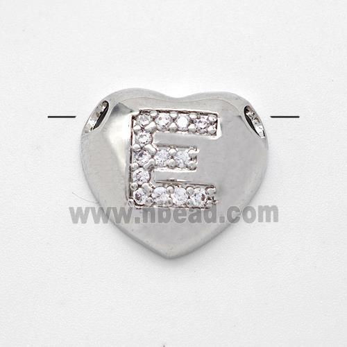 Copper Heart Pendant Pave Zirconia Letter-E Large Hole Platinum Plated