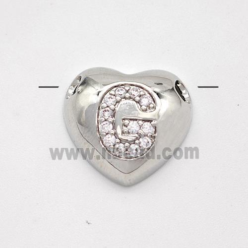 Copper Heart Pendant Pave Zirconia Letter-G Large Hole Platinum Plated