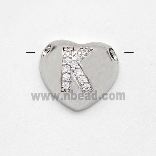 Copper Heart Pendant Pave Zirconia Letter-K Large Hole Platinum Plated