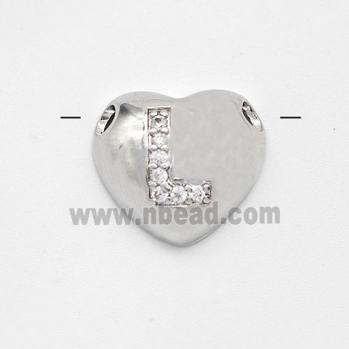 Copper Heart Pendant Pave Zirconia Letter-L Large Hole Platinum Plated