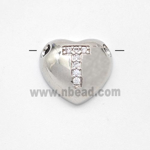 Copper Heart Pendant Pave Zirconia Letter-T Large Hole Platinum Plated