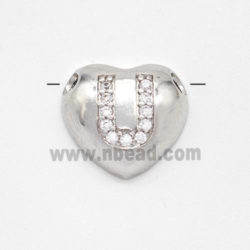 Copper Heart Pendant Pave Zirconia Letter-U Large Hole Platinum Plated