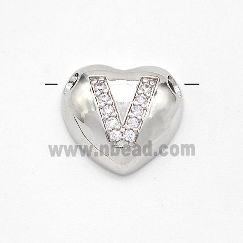 Copper Heart Pendant Pave Zirconia Letter-V Large Hole Platinum Plated