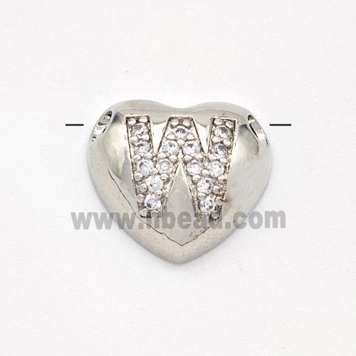 Copper Heart Pendant Pave Zirconia Letter-W Large Hole Platinum Plated