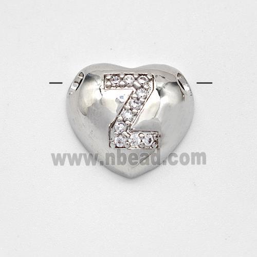 Copper Heart Pendant Pave Zirconia Letter-Z Large Hole Platinum Plated