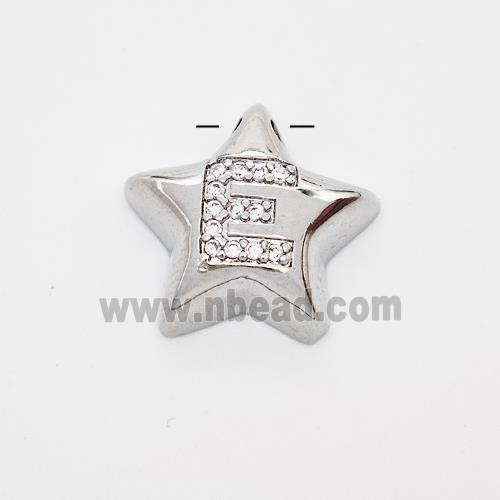 Copper Star Pendant Pave Zirconia Letter-E Large Hole Platinum Plated