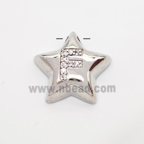 Copper Star Pendant Pave Zirconia Letter-F Large Hole Platinum Plated