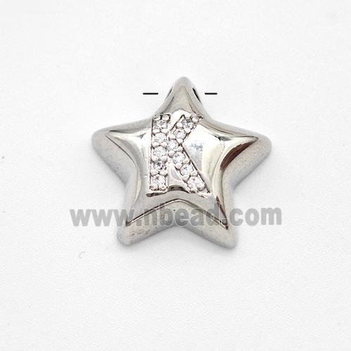 Copper Star Pendant Pave Zirconia Letter-K Large Hole Platinum Plated