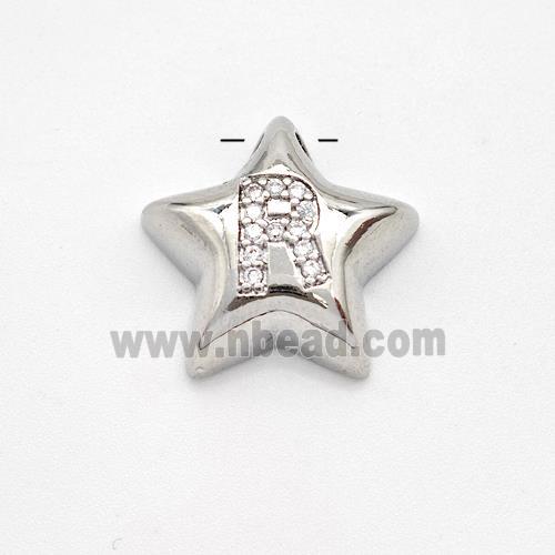 Copper Star Pendant Pave Zirconia Letter-R Large Hole Platinum Plated