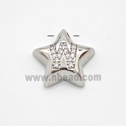 Copper Star Pendant Pave Zirconia Letter-W Large Hole Platinum Plated