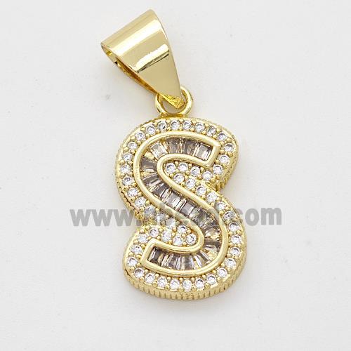 Copper Pendant Pave Zirconia Letter-S Gold Plated