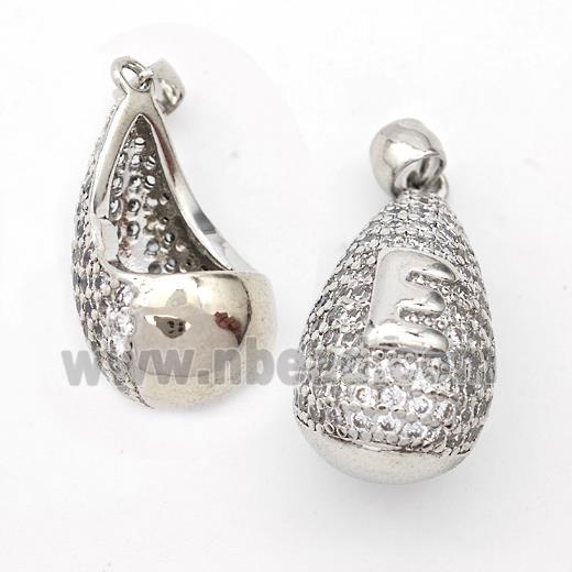 Copper Teardrop Pendant Pave Zirconia Letter-E Hollow Platinum Plated