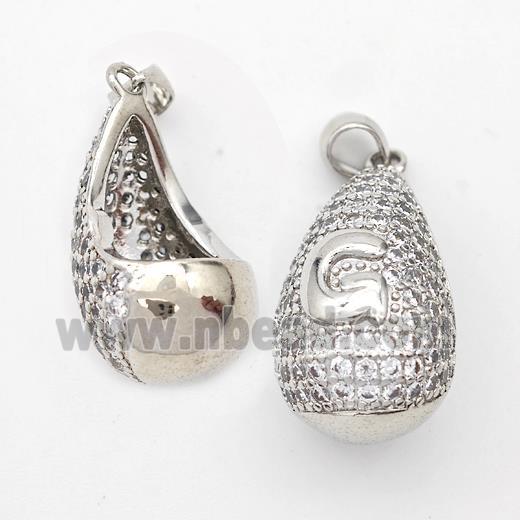 Copper Teardrop Pendant Pave Zirconia Letter-G Hollow Platinum Plated