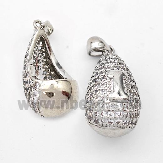 Copper Teardrop Pendant Pave Zirconia Letter-I Hollow Platinum Plated