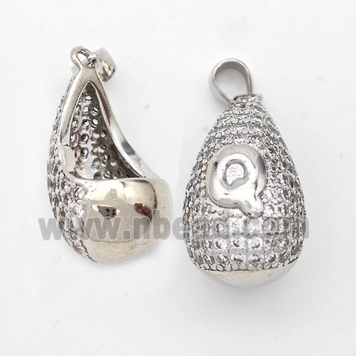 Copper Teardrop Pendant Pave Zirconia Letter-Q Hollow Platinum Plated