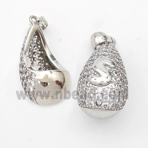 Copper Teardrop Pendant Pave Zirconia Letter-S Hollow Platinum Plated