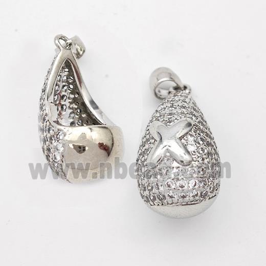 Copper Teardrop Pendant Pave Zirconia Letter-X Hollow Platinum Plated