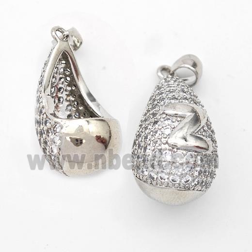 Copper Teardrop Pendant Pave Zirconia Letter-Z Hollow Platinum Plated