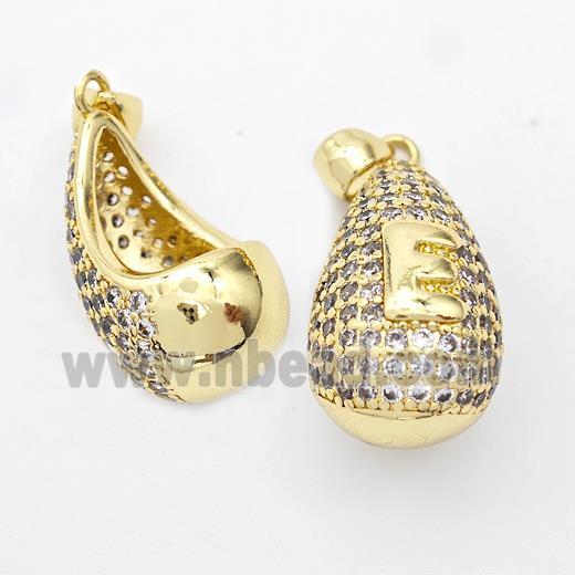 Copper Teardrop Pendant Pave Zirconia Letter-E Hollow Gold Plated