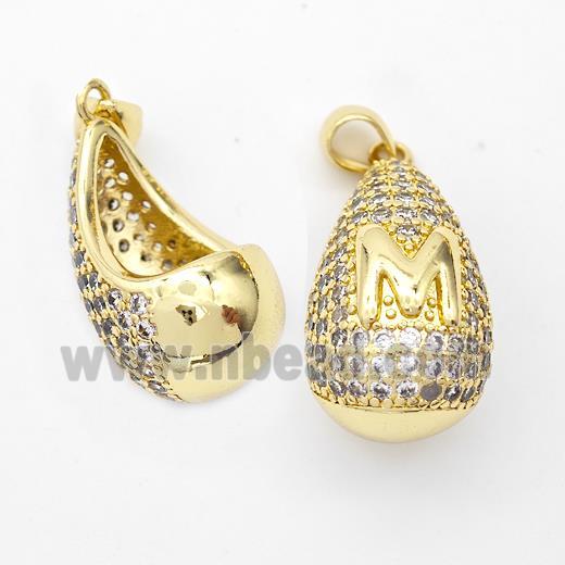 Copper Teardrop Pendant Pave Zirconia Letter-M Hollow Gold Plated