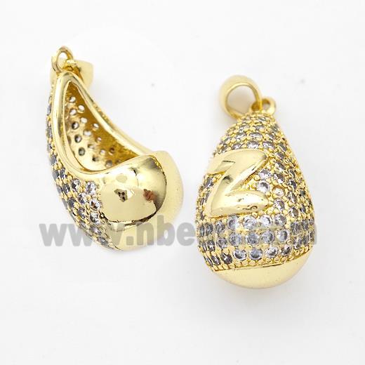 Copper Teardrop Pendant Pave Zirconia Letter-Z Hollow Gold Plated