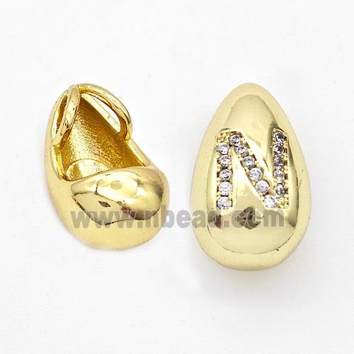 Copper Teardrop Pendant Pave Zirconia Letter-N Gold Plated