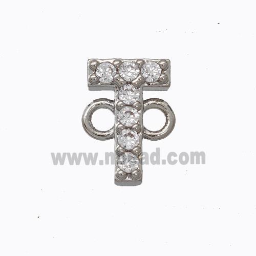 Copper Connector Pave Zirconia Letter-T Platinum Plated