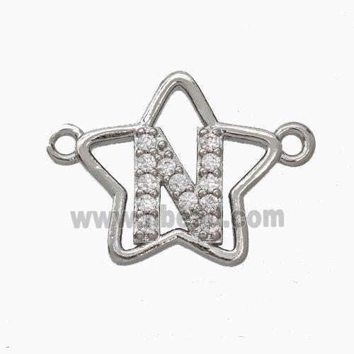 Copper Star Pendant Pave Zirconia Letter-N Platinum Plated