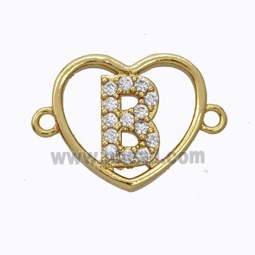 Copper Heart Connector Pave Zirconia Letter-B Gold Plated