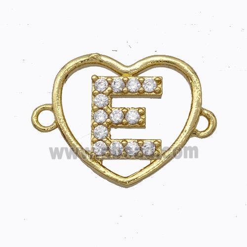 Copper Heart Connector Pave Zirconia Letter-E Gold Plated