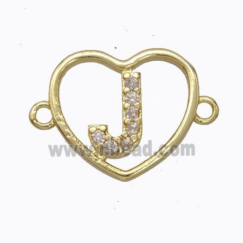 Copper Heart Connector Pave Zirconia Letter-J Gold Plated