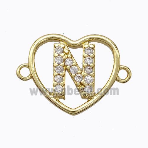 Copper Heart Connector Pave Zirconia Letter-N Gold Plated