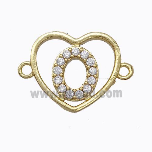 Copper Heart Connector Pave Zirconia Letter-O Gold Plated