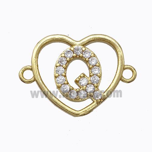 Copper Heart Connector Pave Zirconia Letter-Q Gold Plated