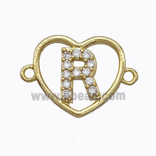 Copper Heart Connector Pave Zirconia Letter-R Gold Plated