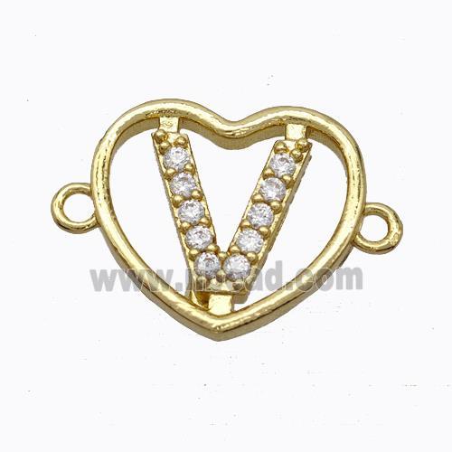 Copper Heart Connector Pave Zirconia Letter-V Gold Plated