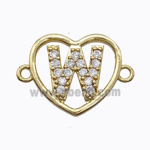 Copper Heart Connector Pave Zirconia Letter-W Gold Plated