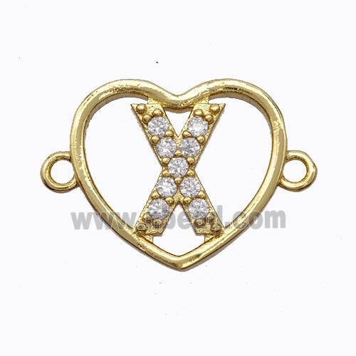 Copper Heart Connector Pave Zirconia Letter-X Gold Plated