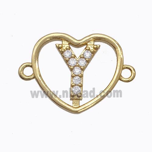 Copper Heart Connector Pave Zirconia Letter-Y Gold Plated