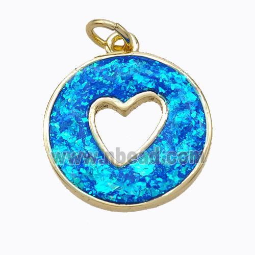 Copper Heart Pendant Pave Blue Fire Opal Circle 18K Gold Plated