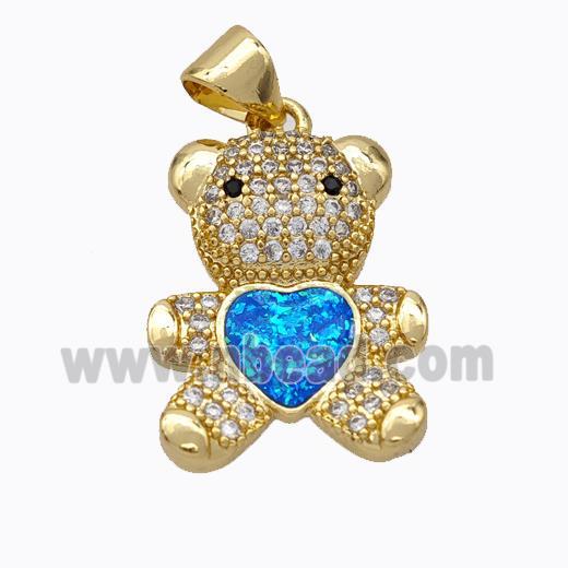 Copper Bear Pendant Micropave Zirconia Blue Fire Opal Heart 18K Gold Plated