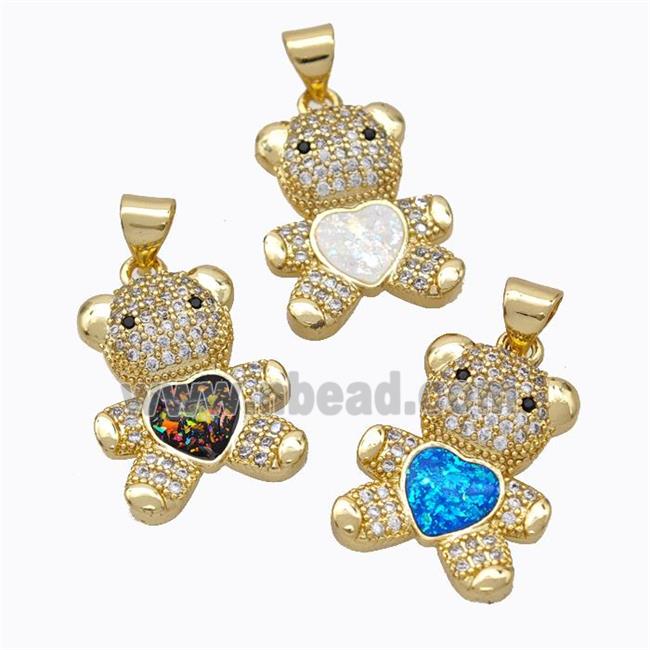 Copper Bear Pendant Micropave Zirconia Fire Opal Heart 18K Gold Plated Mixed