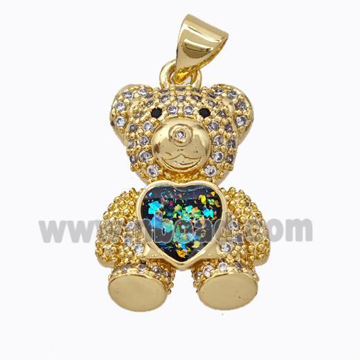 Copper Bear Pendant Micropave Zirconia Fire Opal Heart 18K Gold Plated