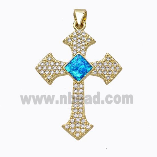 Copper Cross Pendant Micropave Zirconia Fire Opal 18K Gold Plated