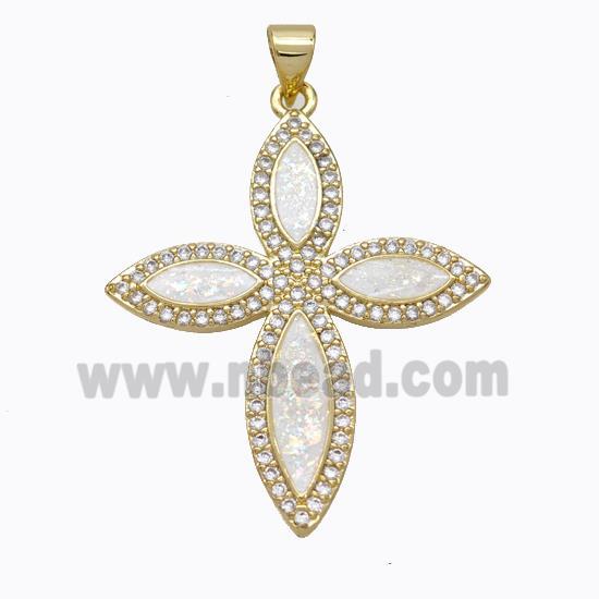 Copper Cross Pendant Micropave Zirconia White Fire Opal 18K Gold Plated