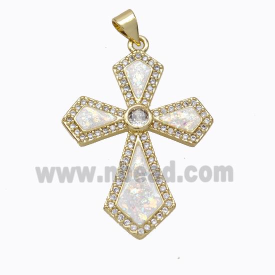 Copper Cross Pendant Micropave Zirconia White Fire Opal 18K Gold Plated