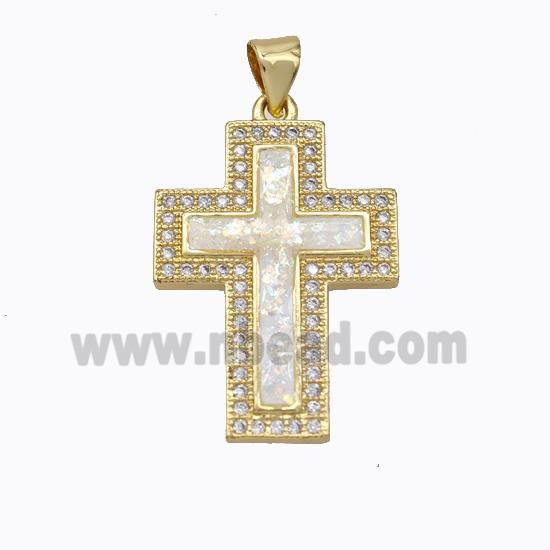 Copper Cross Pendant Micropave Zirconia White Fire Opal 18K Gold Plated